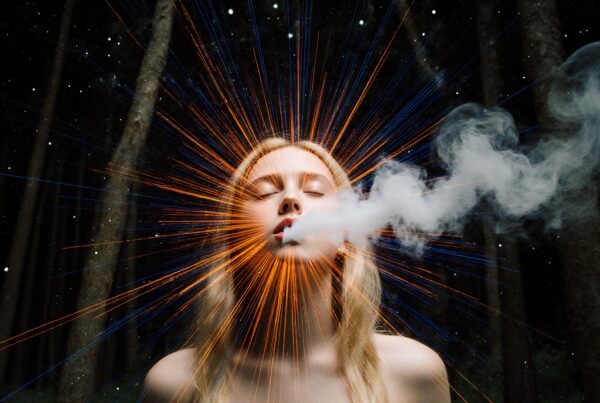 A serene woman exhaling smoke surrounded by vibrant, radiant lines in a mystical forest setting under a starry night sky.