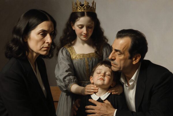 A family portrait with a somber mood, featuring a woman, man, child, and crowned girl.