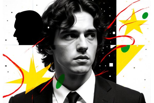Black and white portrait of a young man in a suit, surrounded by abstract art elements like a yellow star and red lines.