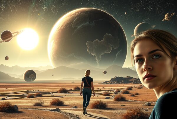 Woman in a cosmic desert landscape.