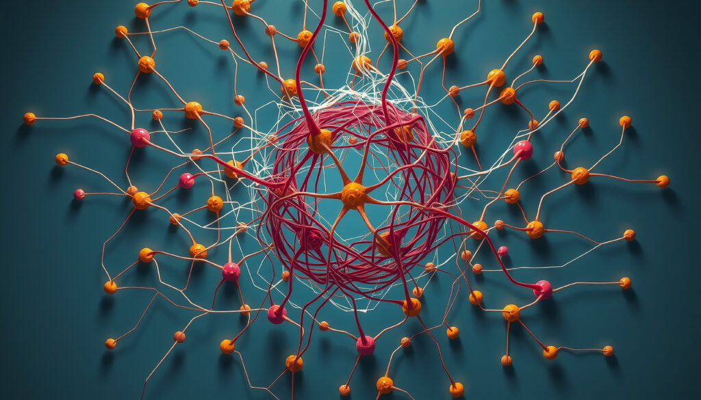 Neural Network Abstract Visualization with Orange and Pink Nodes