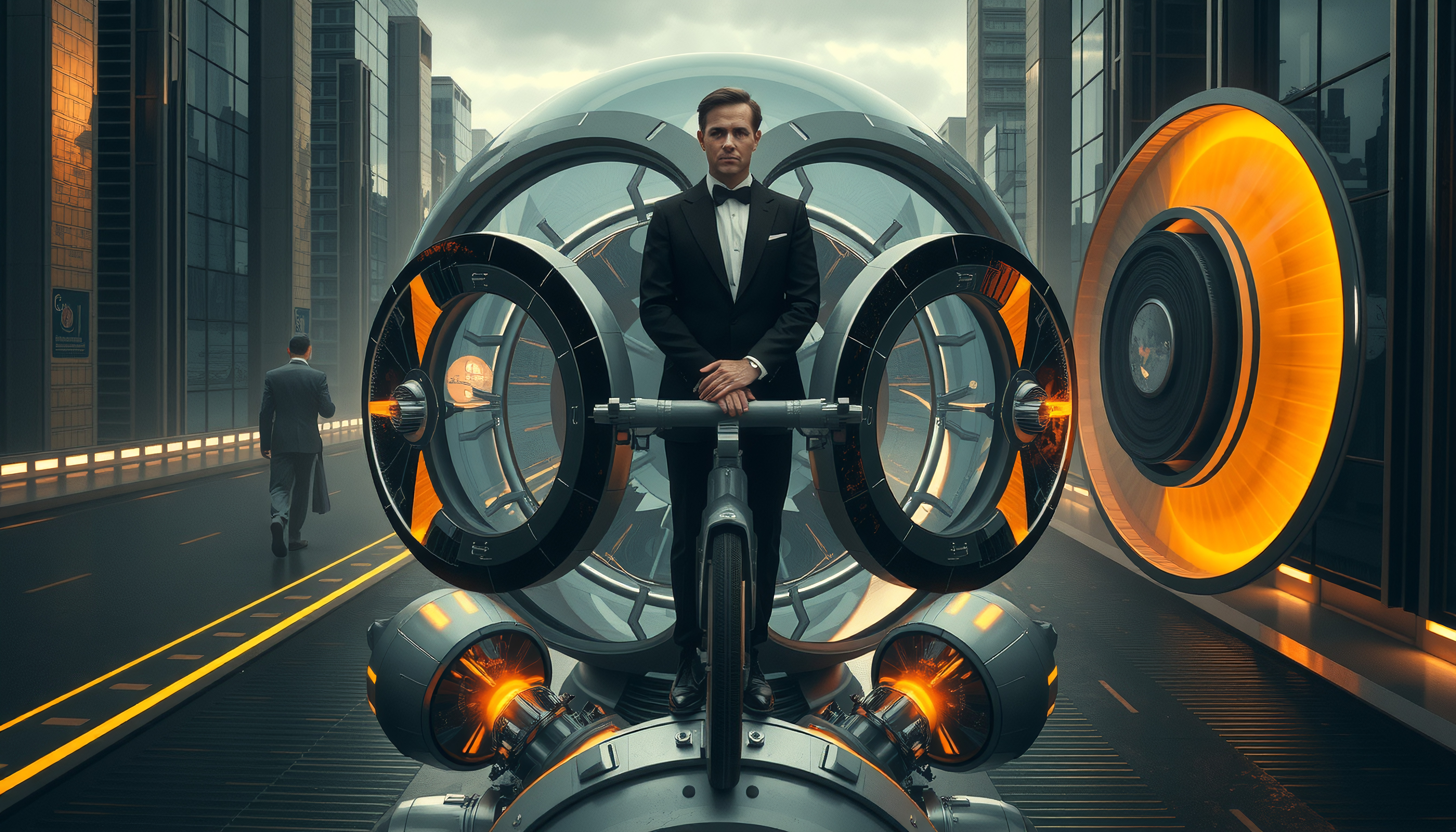 Tuxedoed Businessman on Advanced Bicycle