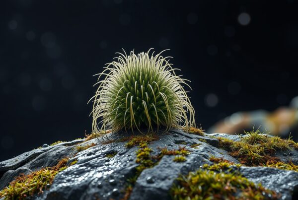 Resilient grass growing on dark wet rocks with glowing dewdrops and cosmic bokeh background