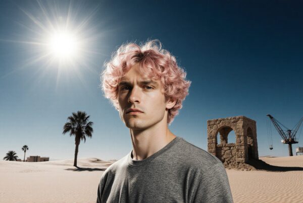 A person with pink hair stands in a sunlit desert, surrounded by palms, stone, and a crane.