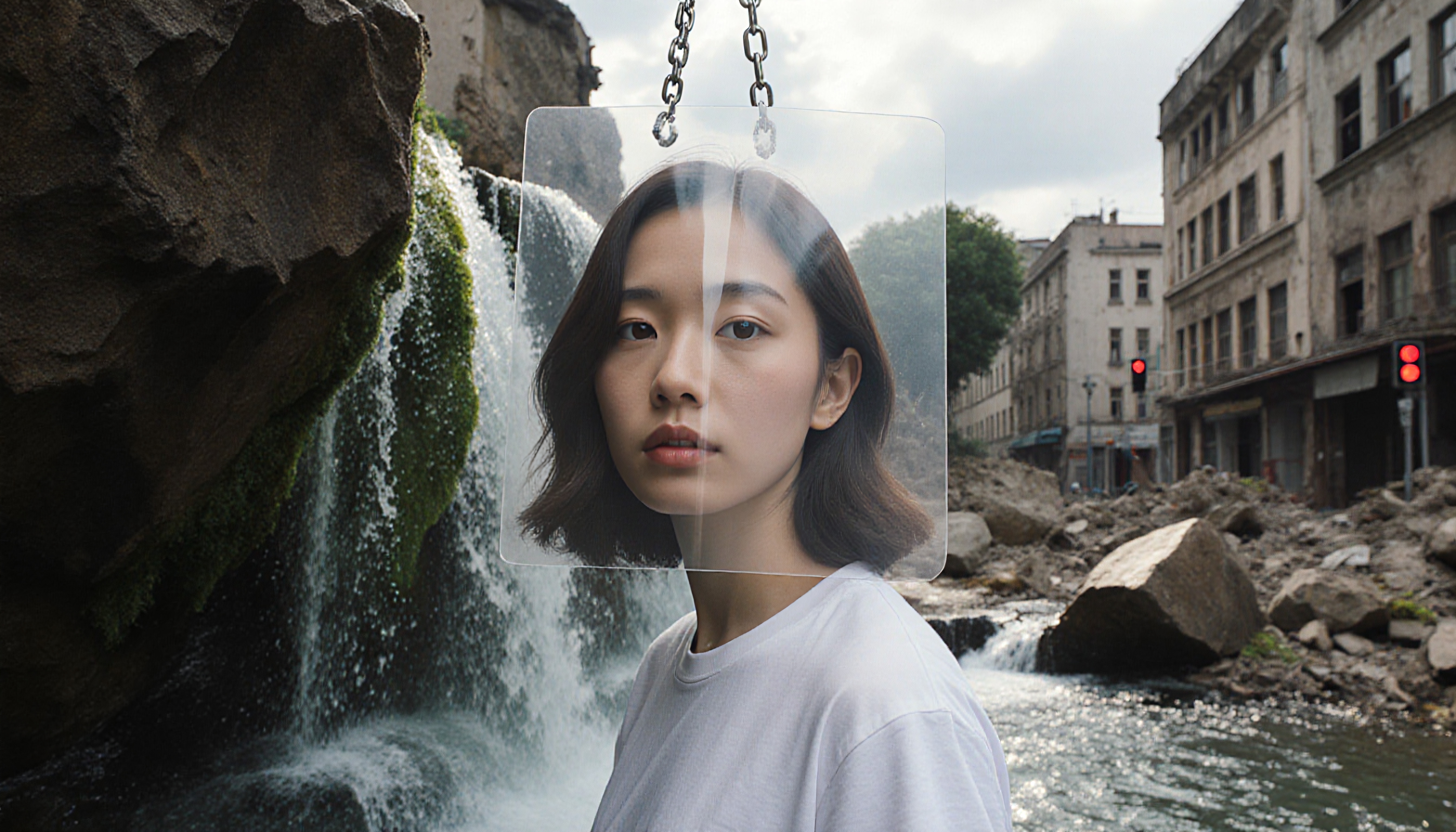 Transparent Acrylic Portrait Over Waterfall