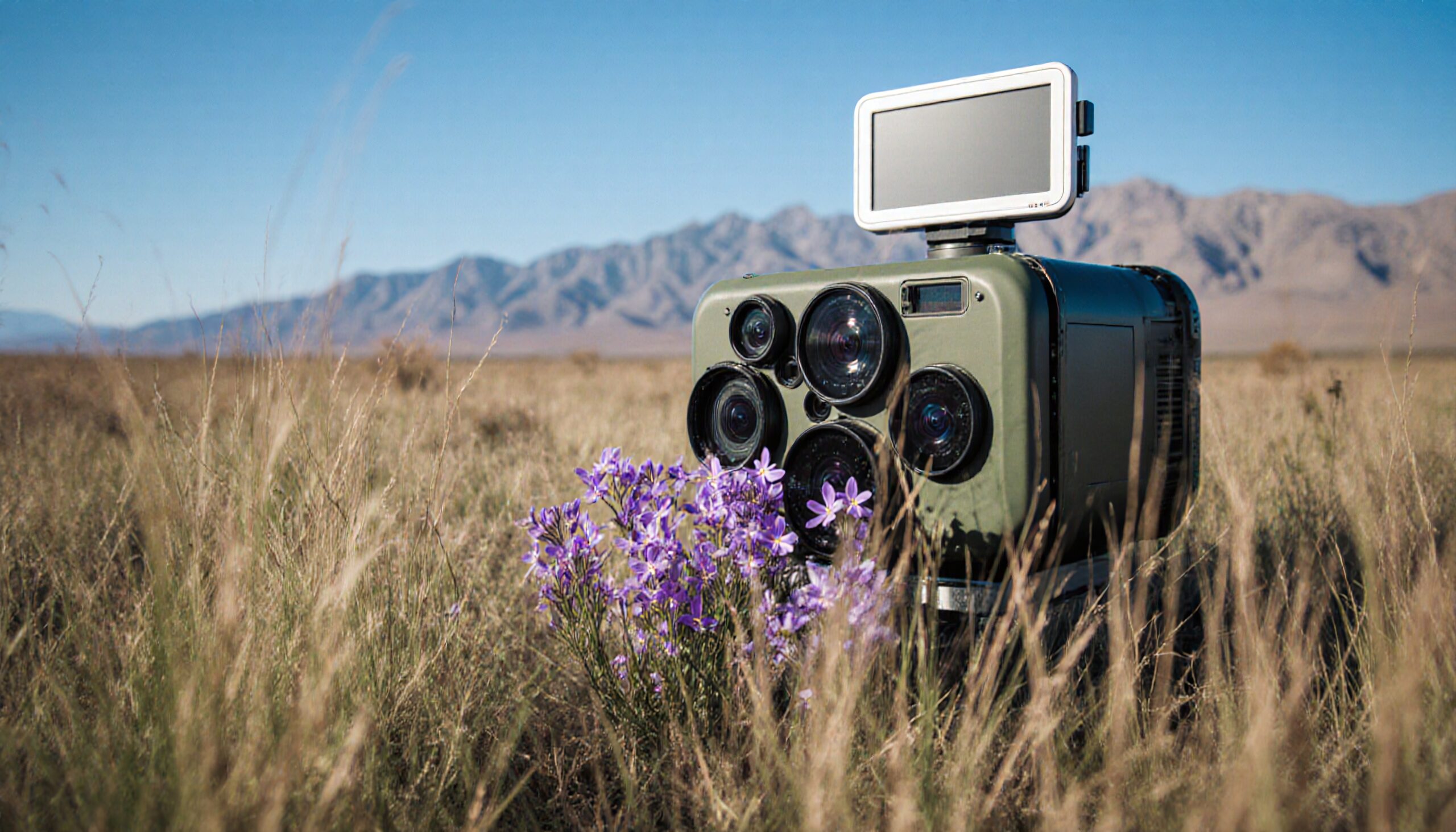 Camera in Blooming Natural Field