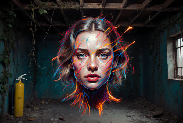 Surreal Portrait of Woman with Vibrant Neon Hair in Abandoned Wa