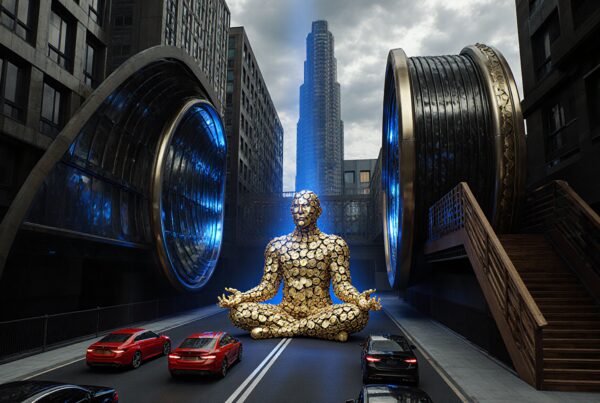Futuristic cityscape with glowing portals and meditating statue.