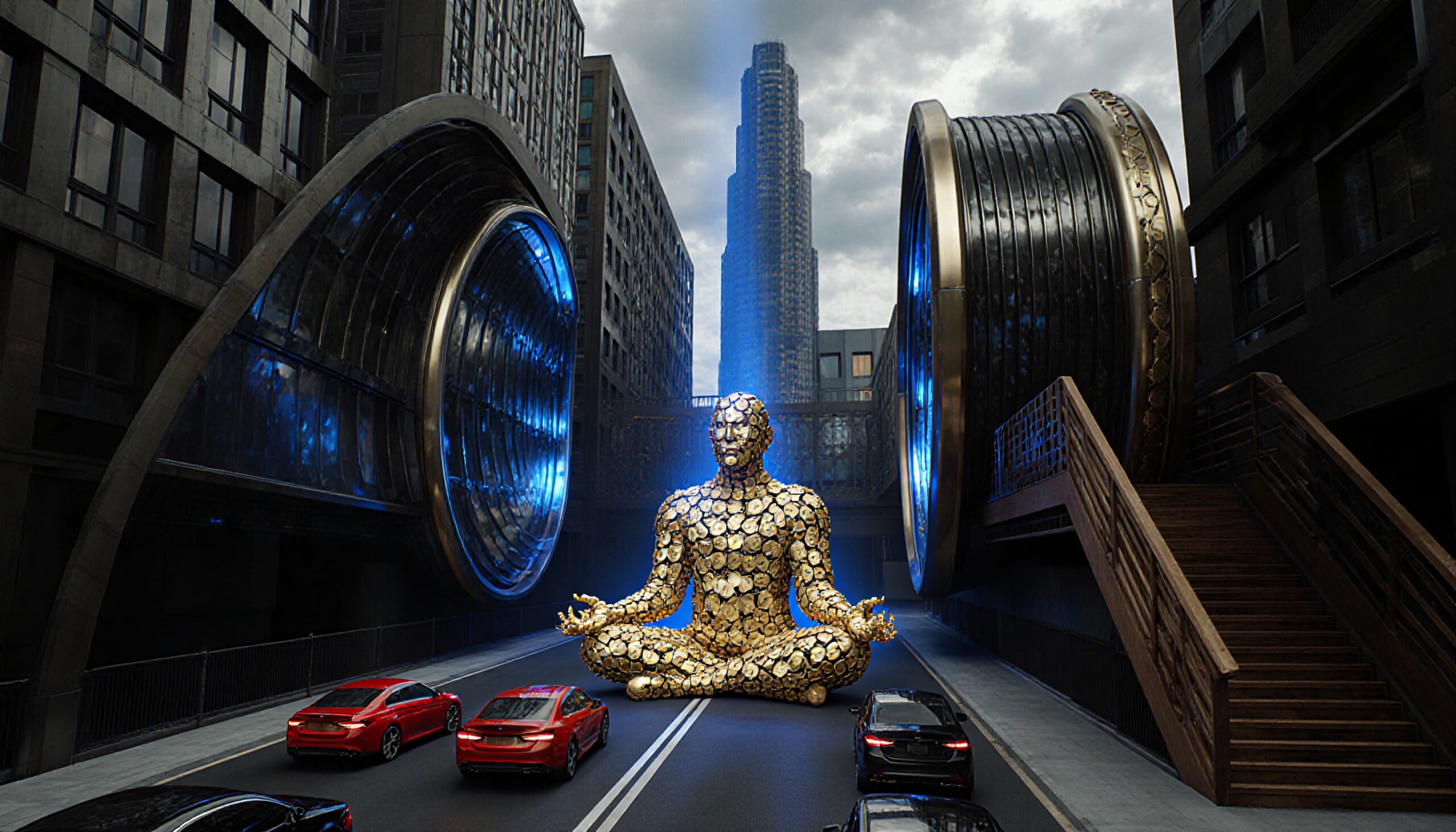 Golden Statue Amidst Futuristic Portals