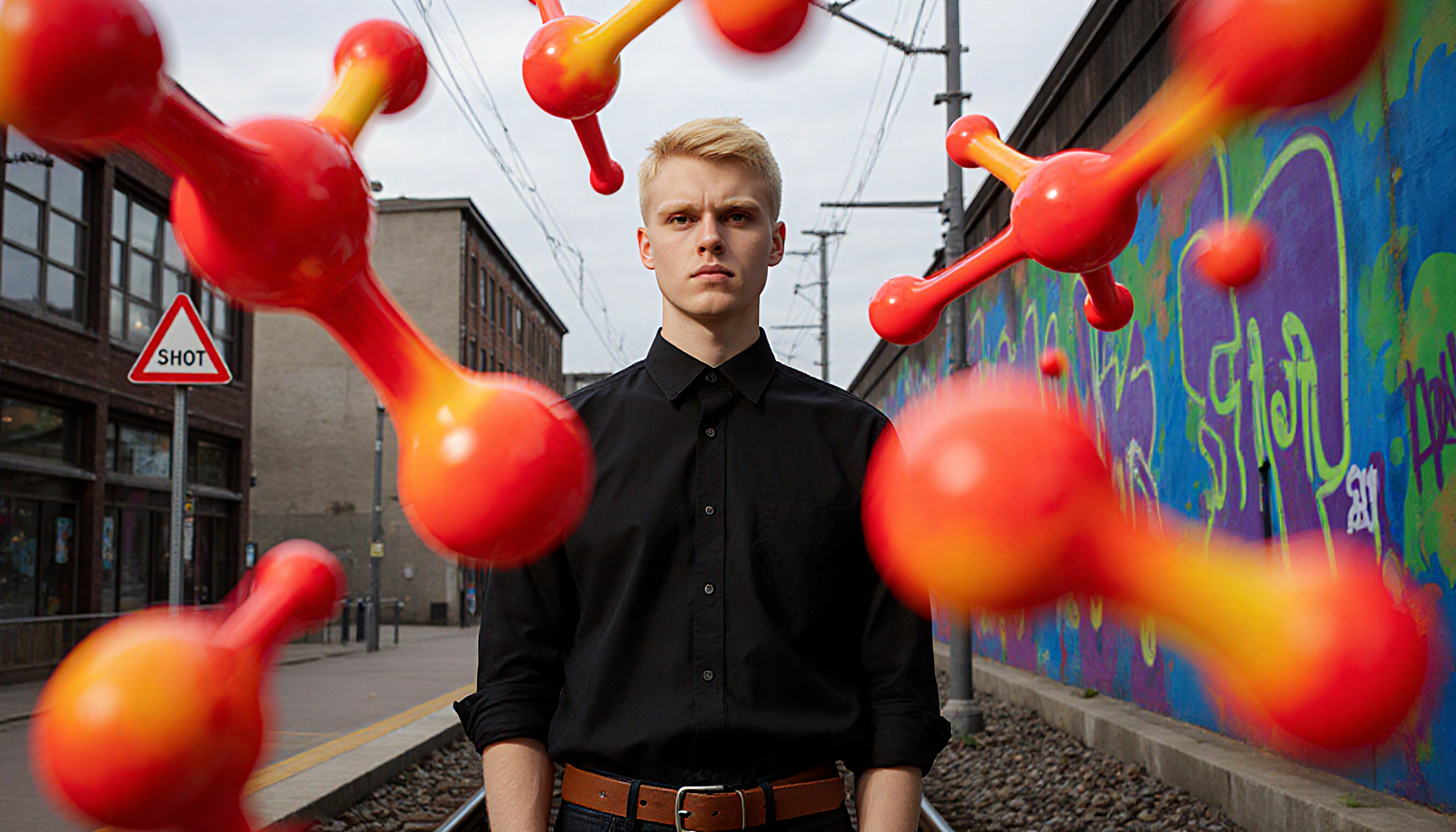 Man on a train track with abstract urban red elements