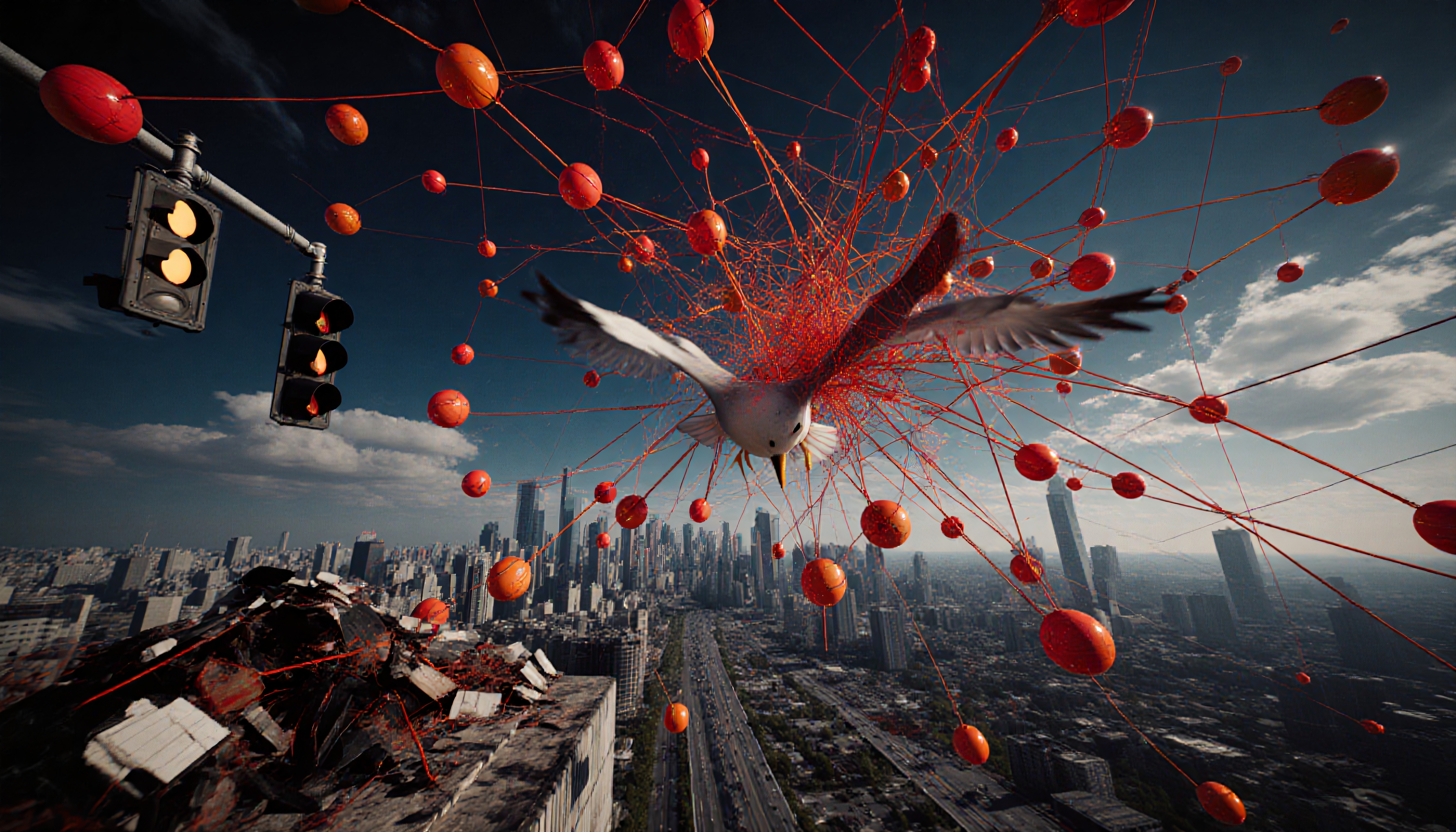 Urban Bird Amidst Floating Red Orbs