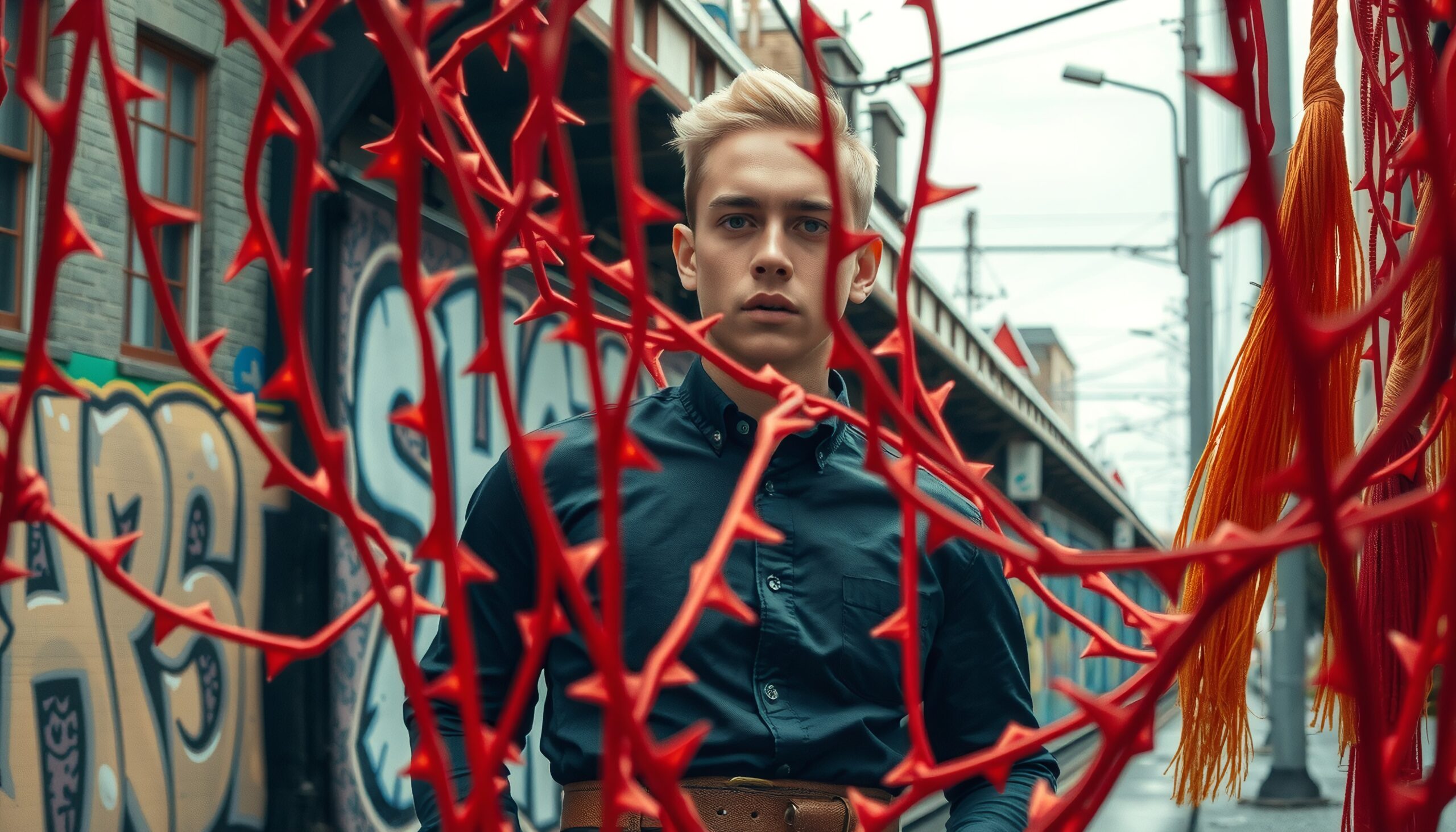A Young Man Behind Red Spikes Urban Setting