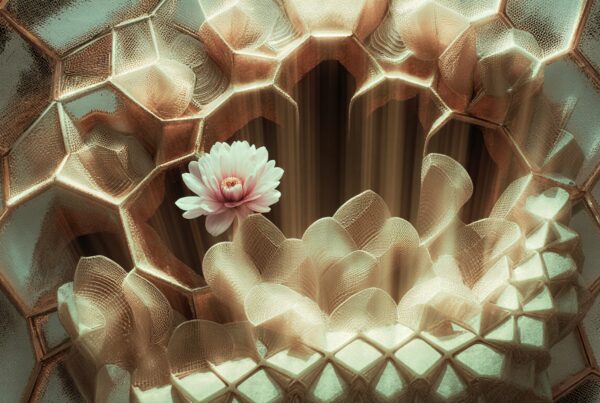 Pink flower against geometric patterns.