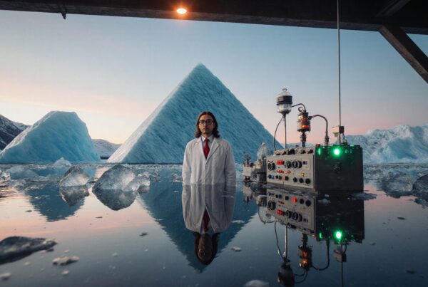 A scientist in a white lab coat stands in a reflective icy landscape with towering ice pyramids and glowing machinery, set against a twilight sky.