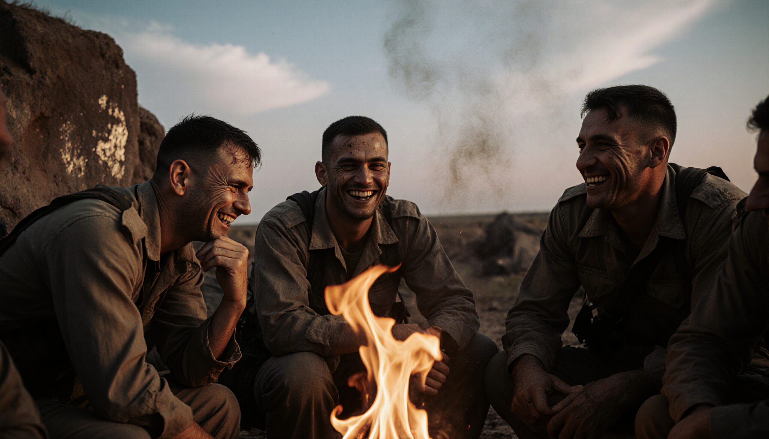 Soldiers Laughing Around Campfire