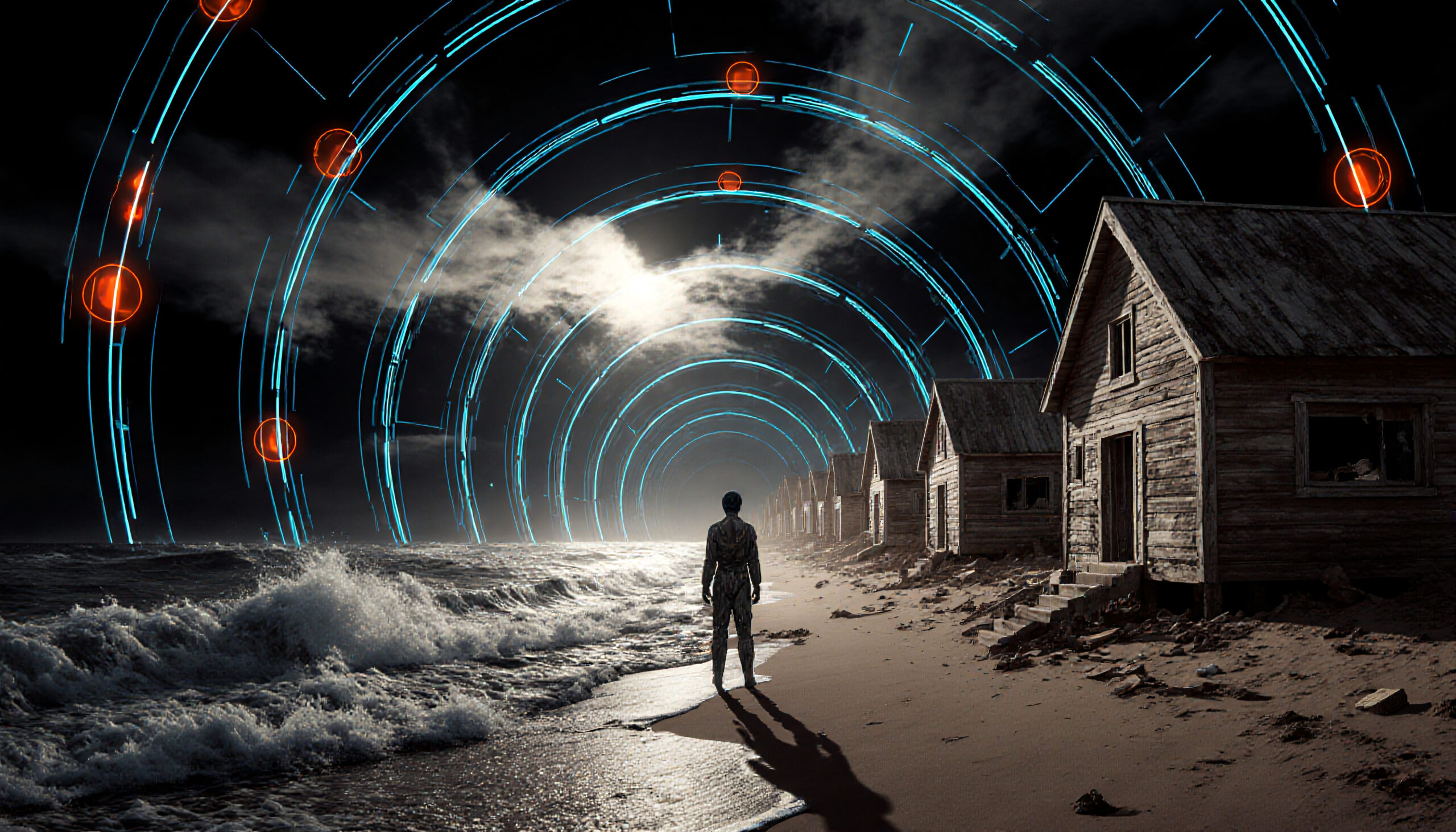 Neon Arches Over Abandoned Beach