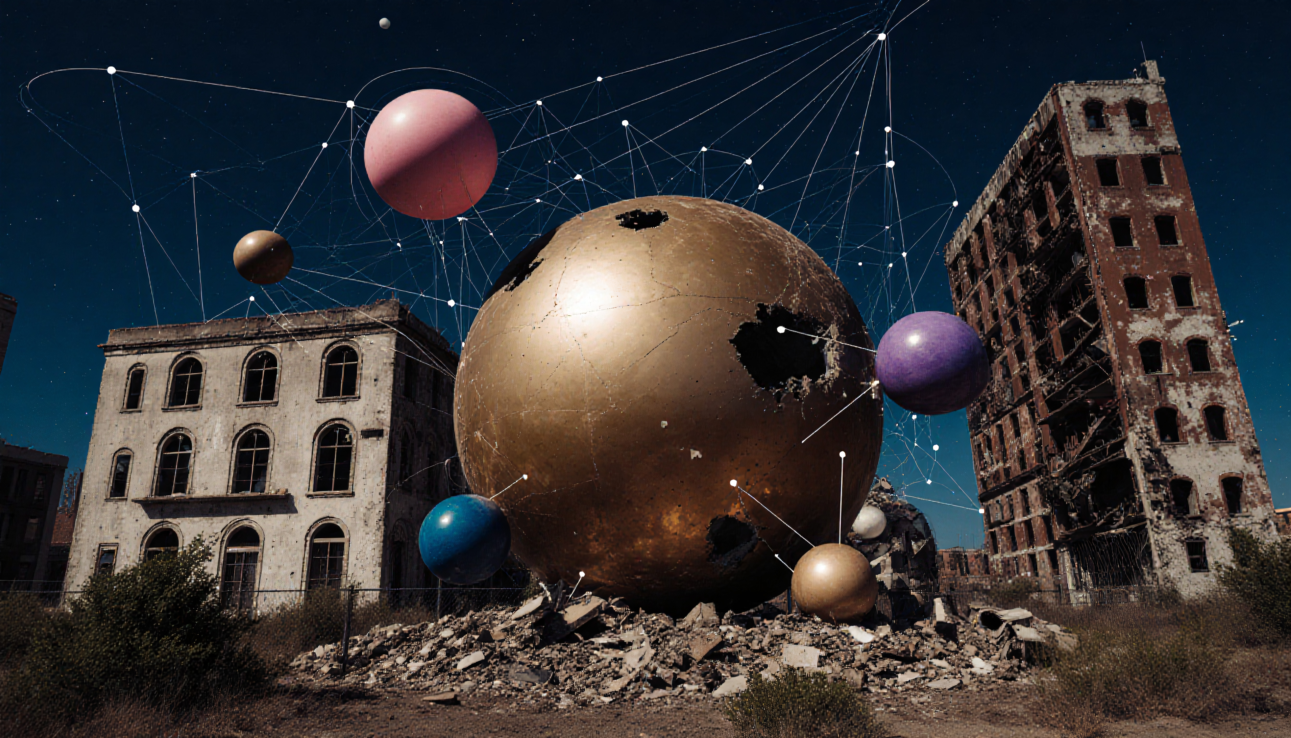 Surreal Urban Ruins with Floating Spheres