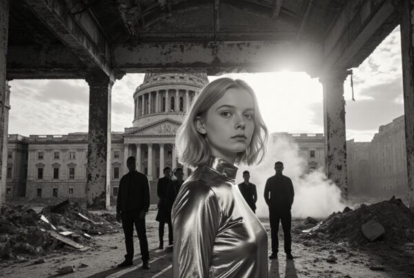 A young woman in metallic attire stands in an abandoned building with a neoclassical structure in the background, creating a mysterious, post-apocalyptic atmosphere.