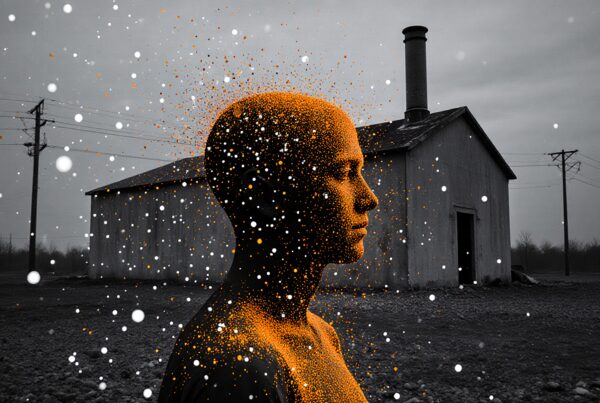 A silhouetted figure with glowing particles in a grayscale rural landscape.