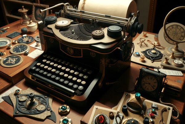 Steampunk-inspired scene with vintage typewriter surrounded by gadgets and clocks on a wooden desk.