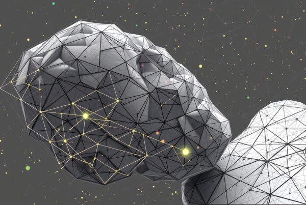 An abstract geometric structure with lights and a cosmic backdrop, depicting futuristic connectivity.