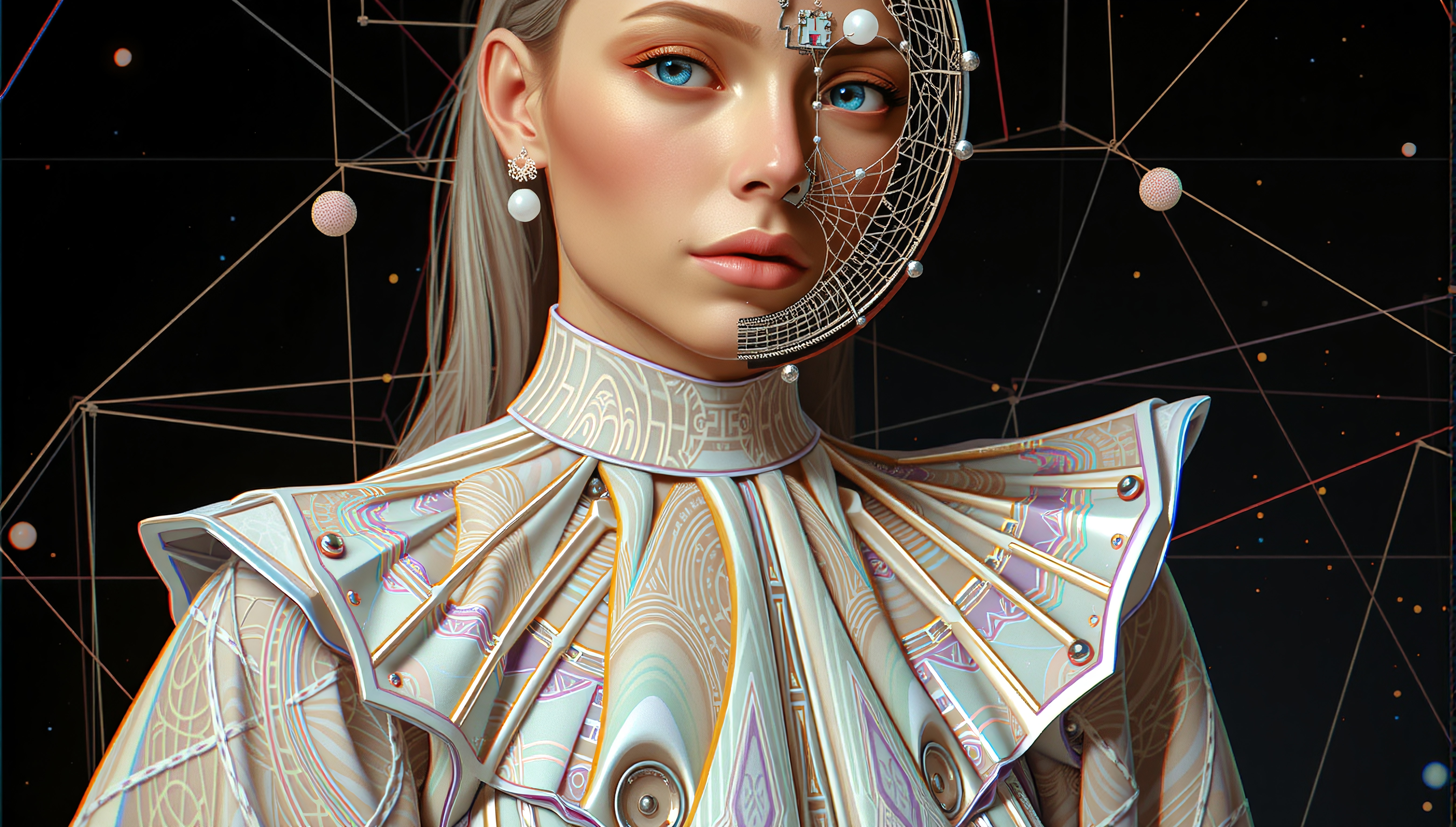 Cybernetic Woman Against Geometric Background