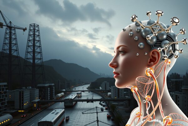 Futuristic woman with neural interface overlooking high-tech cityscape during sunset