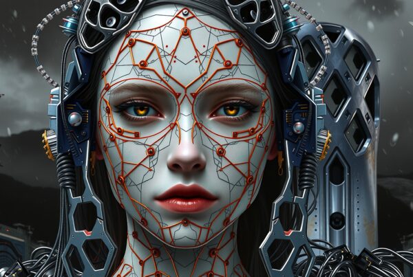 A futuristic cyborg woman with intricate mechanical designs and a dystopian backdrop.