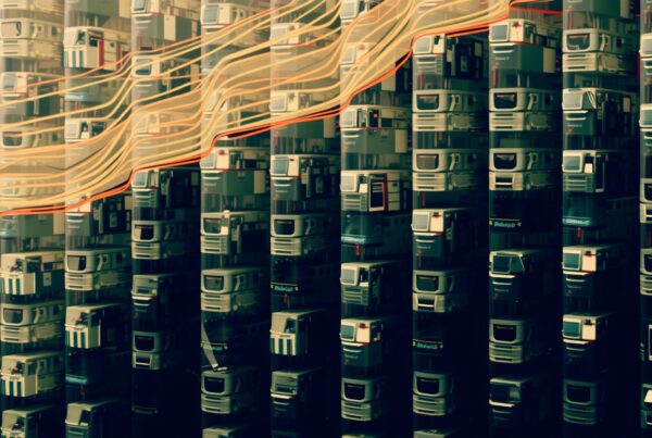 Futuristic cityscape with glowing data lines.