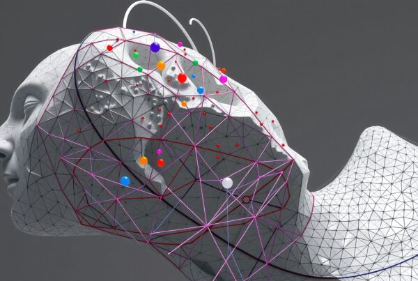 A futuristic abstract sculpture of a human head with geometric mesh and colorful spheres, illustrating connectivity and technology.