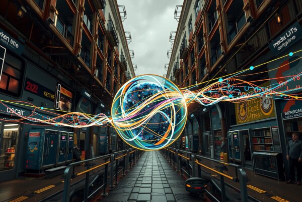 Futuristic city alley with luminous sphere and vibrant digital art.