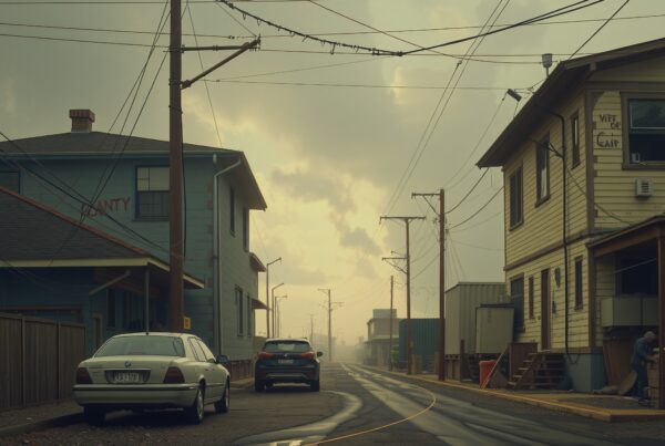 An overcast street scene with parked cars, rustic buildings, and power lines conveying solitude and tranquility.