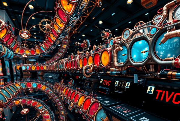 Futuristic sci-fi control room with glowing orbs, pipes, clocks, TIVC terminals, and complex machinery