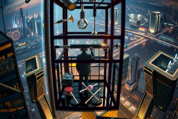 Scientist observes glowing city from floating lab platform