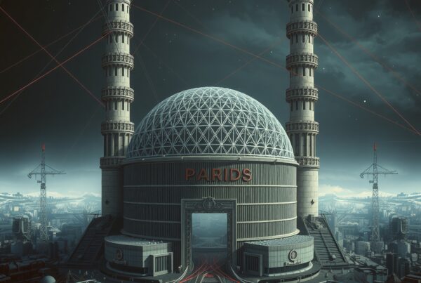Futuristic domed city gate with towers, laser grid, PARIDS sign, night skyline, sci-fi transportation hub