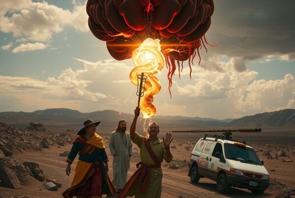 A group in a desert holds a glowing brain aloft; vehicle nearby, sky dramatic.