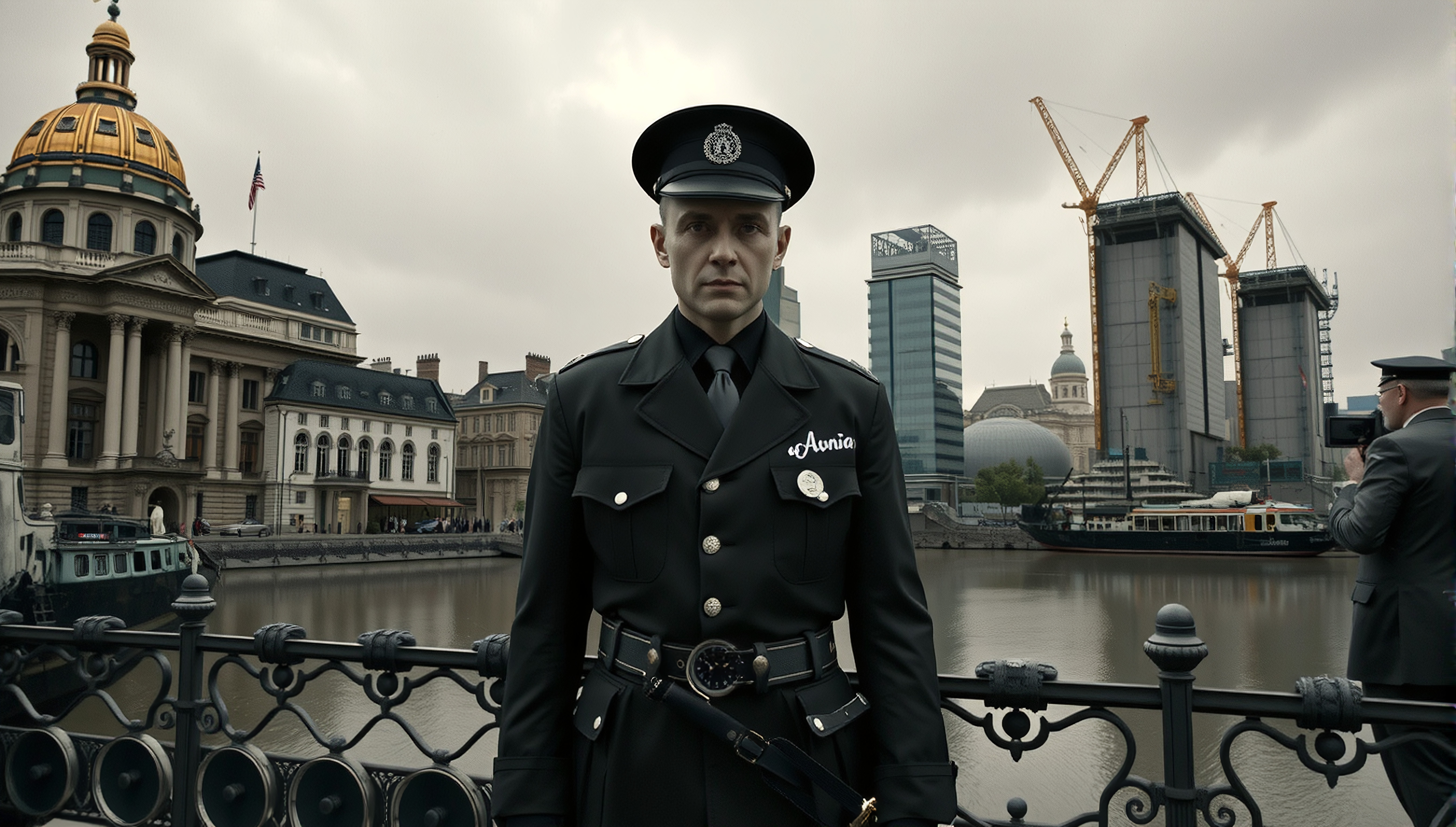 Uniformed Officer Standing by Riverfront