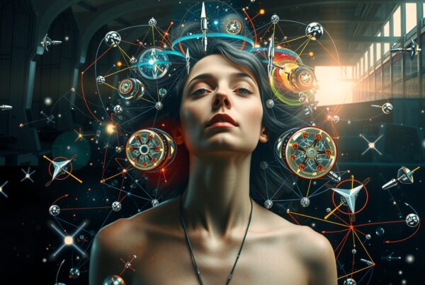 A woman surrounded by futuristic technological elements, symbolizing the fusion of human consciousness with advanced technology.