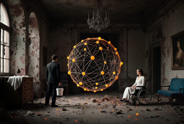 A man and woman in a decaying room with a glowing spherical structure between them.