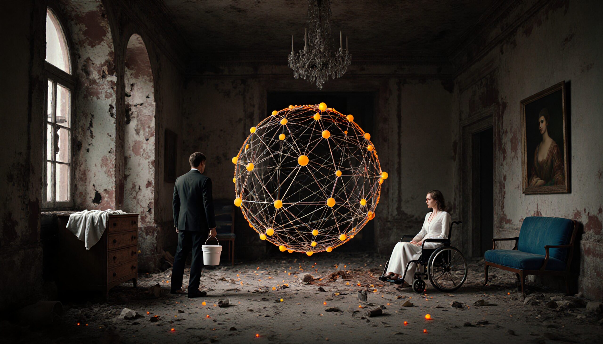 Surreal encounter in decaying room