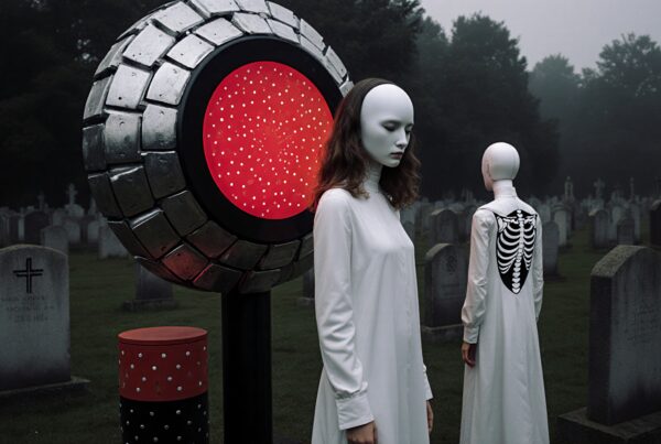 A futuristic scene with masked figures in a foggy cemetery, featuring a glowing red metallic object and mysterious atmosphere.