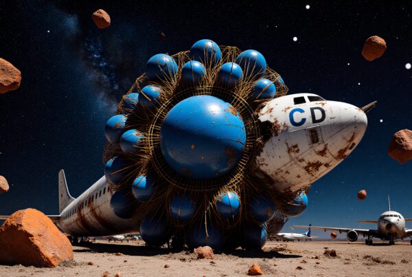 A rusted airplane with blue spheres under a starry sky.
