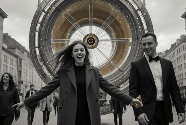 A couple walks past a giant clock on a bustling city street, evoking a sense of joy and historical grandeur.