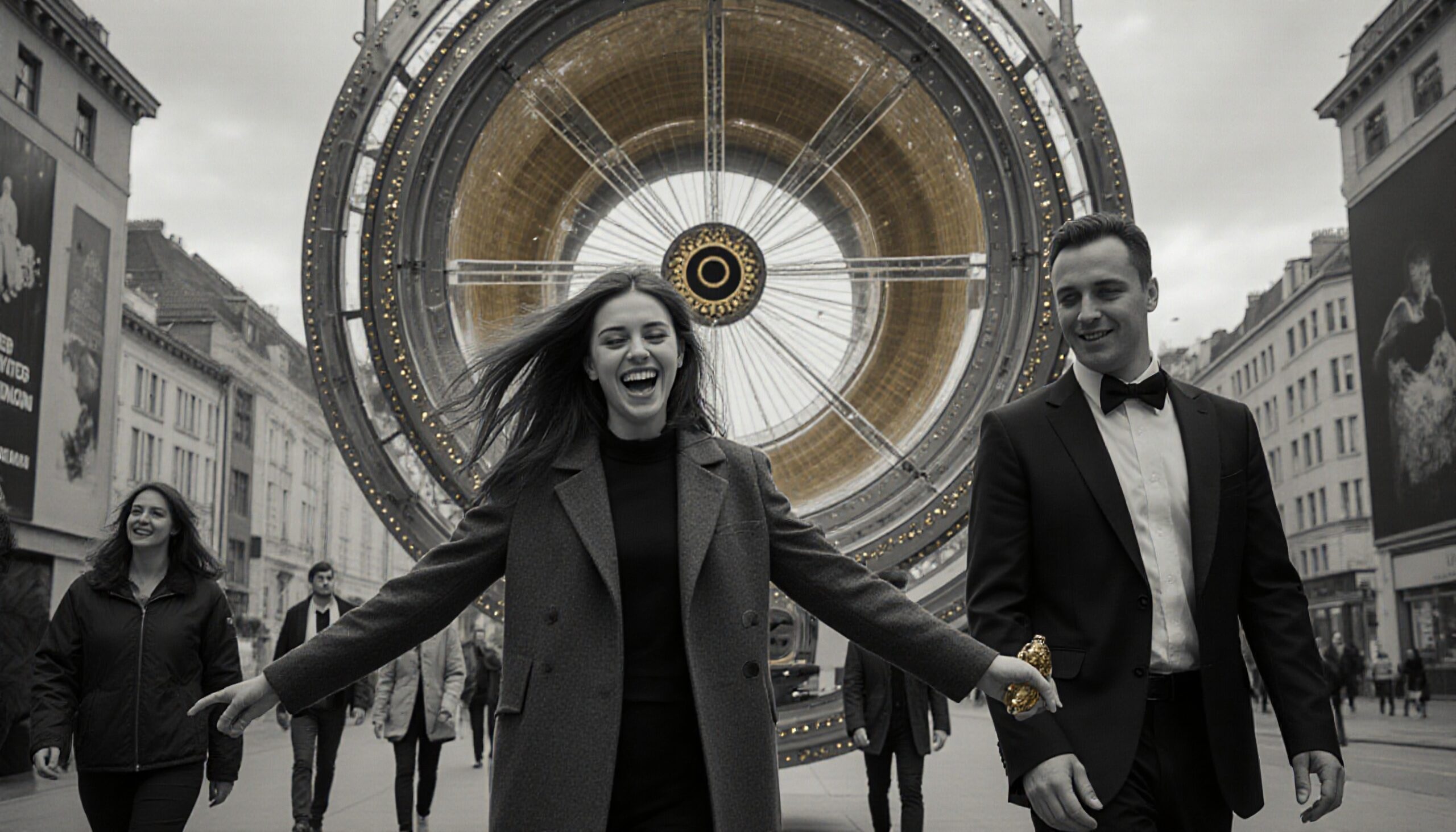 Couple Walks Past Giant Clock