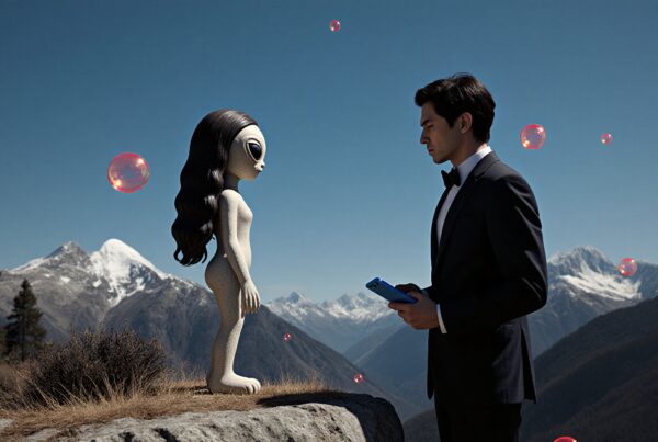 A man in a suit encounters an alien figure on a mountain ledge, surrounded by floating orbs and snow-capped peaks.