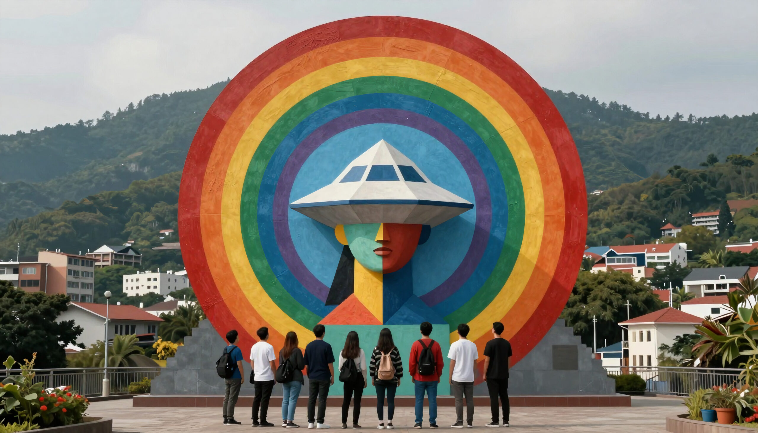 Vibrant Rainbow UFO Mural with Visitors
