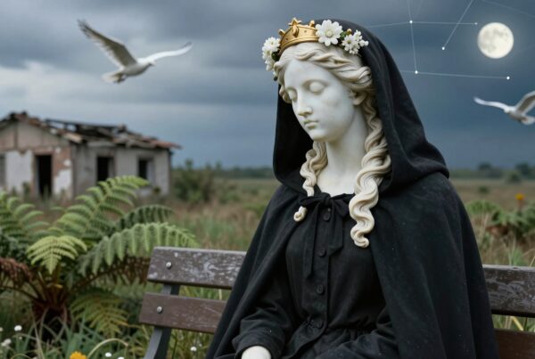 Serene crowned statue sitting on bench near ruined house under cloudy sky with flying gulls and glowing moon