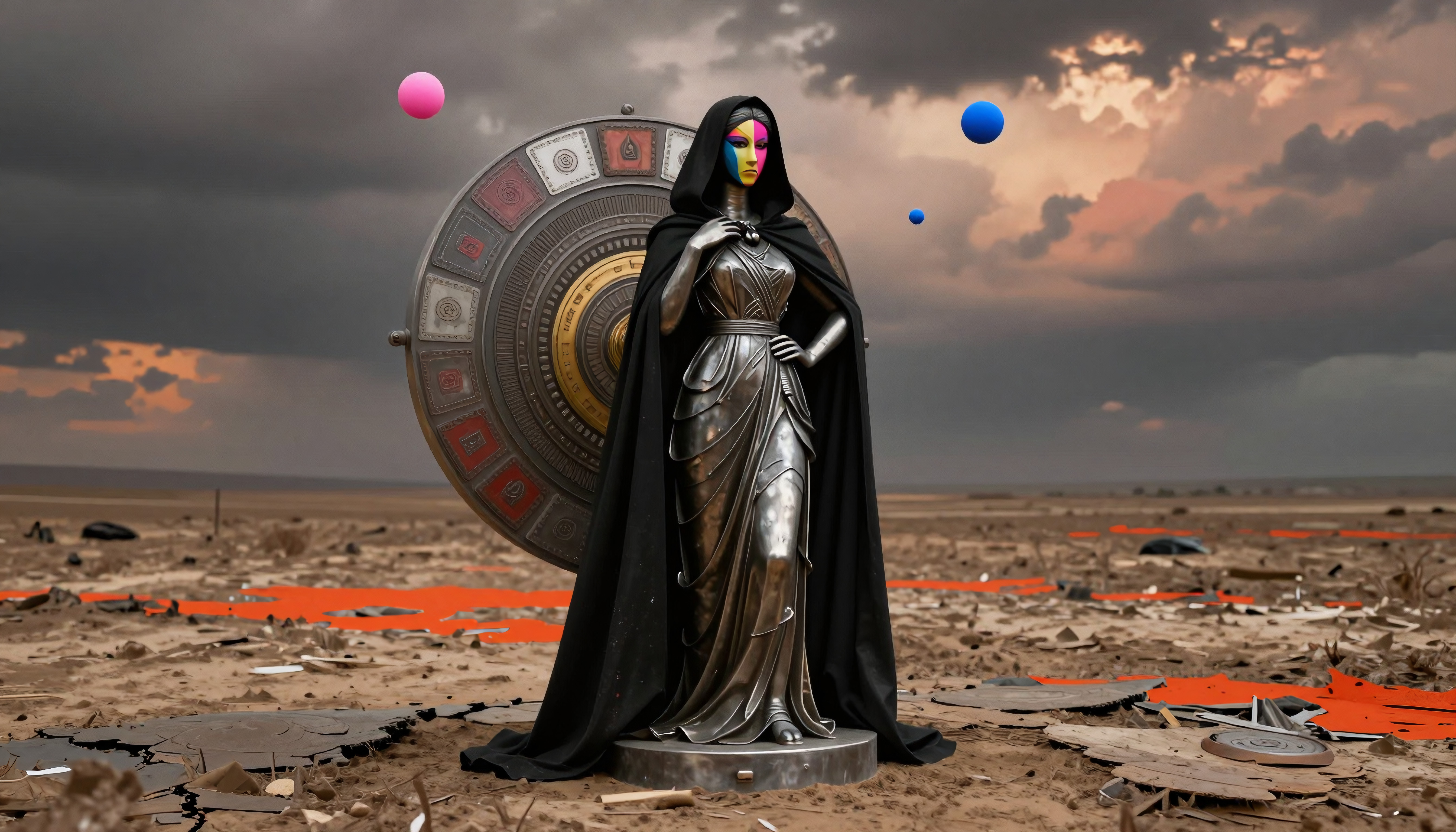 Hooded Figure Statue in Post-Apocalyptic Desert