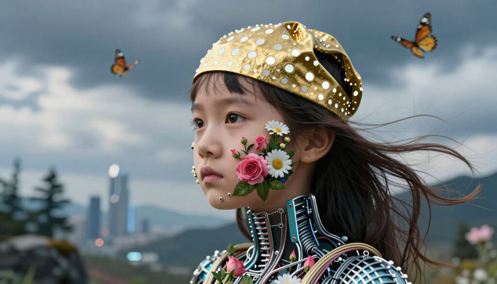 A young child with a golden headpiece and butterflies