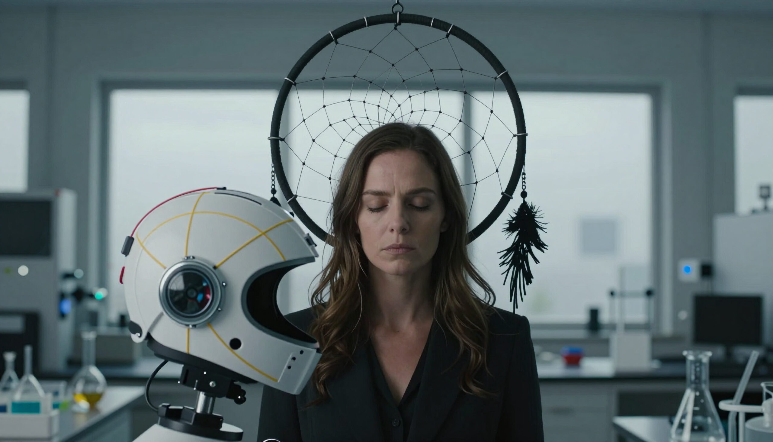 Woman with Dreamcatcher and Robot in Laboratory
